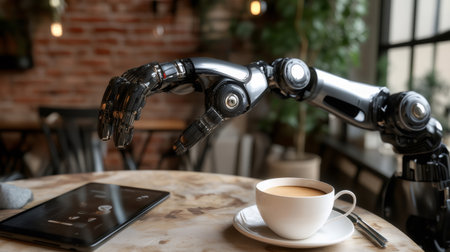 Robotic arm taking a break with coffee and tablet in modern cafe, concept of automation and technology integrationの素材