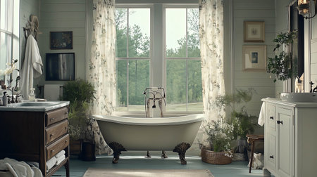 Relaxing retro style bathroom boasting pastel colored tiles, vintage furniture, and a nature view through large windowsの素材