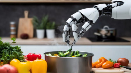 Robotic arm preparing vegetables in a pot, showcasing the future of cooking with automation and artificial intelligenceの素材