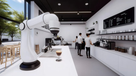 Modern cafe interior with robotic arm preparing coffee and baristas workingの素材