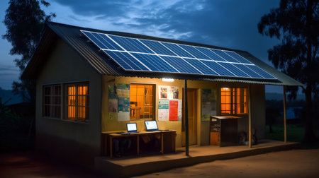 Photovoltaic cells providing electricity to a school building in a rural area, promoting education and sustainabilityの素材
