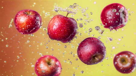Fresh red apples splashing in water with a yellow orange gradient background, creating a refreshing and vibrant imageの素材