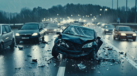 Wrecked car blocking traffic on highway at night during heavy rainの素材