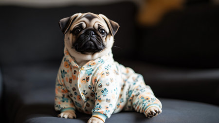 Adorable pug puppy wearing pajamas and hoodie relaxing on a comfortable sofa, enjoying a cozy momentの素材