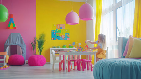 Girl playing with toys in a colorful and stimulating kindergarten environment, promoting early childhood development and learning through playの素材