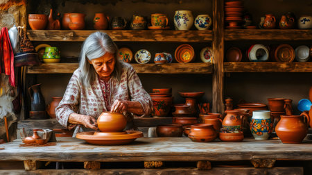 Senior craftswoman shaping clay on pottery wheel, surrounded by handmade terracotta ceramics displayed on shelves in her cozy workshopの素材