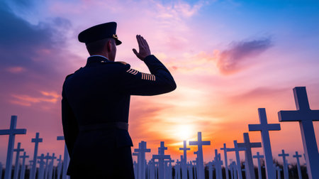 Soldier is saluting in a military cemetery at sunset, honoring the memory of fallen soldiers on memorial dayの素材