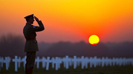 Soldier is saluting at sunset in a graveyard full of war gravesの素材