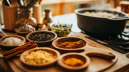 Wooden bowls filled with vibrant spices like turmeric, cumin, and peppercorns sit next to a pot of simmering curry on a stovetop, ready to enhance the flavors of a delicious indian mealの素材