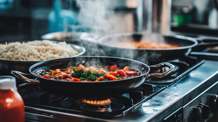 Tomato sauce with vegetables cooking in a frying pan on a professional stovetop in a restaurant kitchenの素材