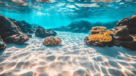 Sunlight is shining on a shallow tropical reef with white sand, rocks and coralsの素材