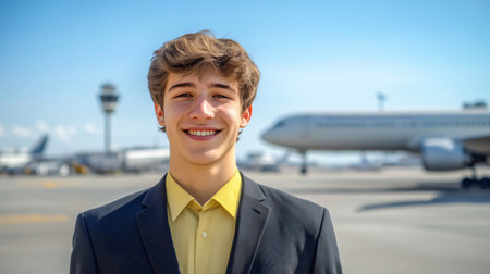 Portrait of a young, cheerful flight attendant smiling confidently on an airport tarmac with an airplane visible in the backgroundの素材