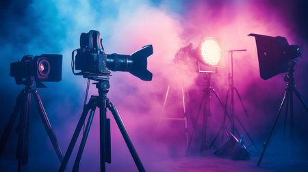 Video cameras and spotlights create a colorful atmosphere on a smoky studio set, ready for filmingの素材