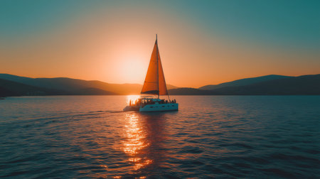 Catamaran sailing on calm sea at sunset with tourists enjoying the viewの素材