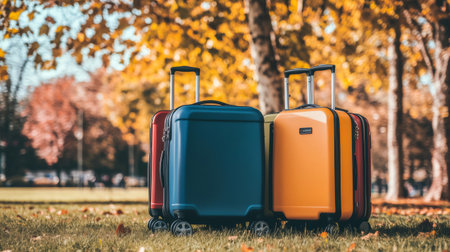 Colorful suitcases standing on grass in a park during fall season, ready for a new adventureの素材