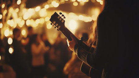 Woman performing live music with her guitar in front of audience at evening partyの素材
