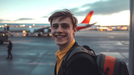 Smiling flight attendant walking on airport tarmac near airplaneの素材