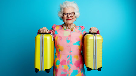 Elegant senior woman ready for vacation, holding two yellow suitcases with a vibrant blue backgroundの素材