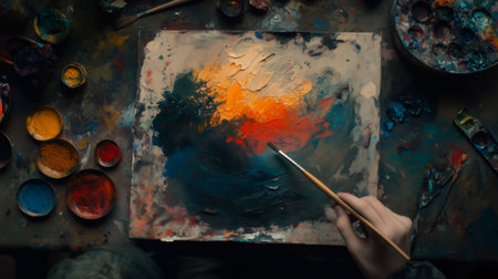 Painter creating abstract artwork with acrylic paint on canvas in art studio, surrounded by colorful paint cans and brushesの素材