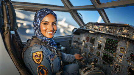 Confident female pilot wearing hijab smiling while sitting inside aircraft cockpitの素材