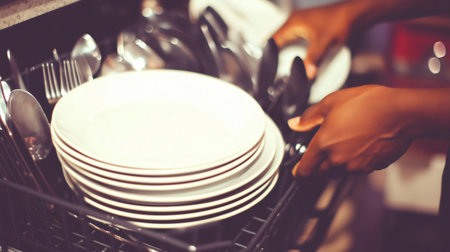Housekeeper loading a stack of white plates into a commercial dishwasher after lunch serviceの素材