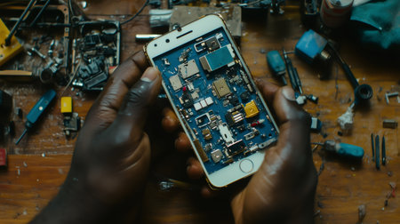 Close up of a technician examining the internal components of a water damaged smartphone in a repair workshopの素材