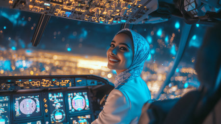 Muslim woman pilot smiling while flying airplane over illuminated city at nightの素材