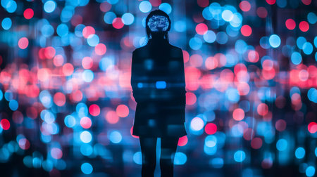 Woman silhouette using brain computer interface walking through futuristic city with bokeh lightsの素材