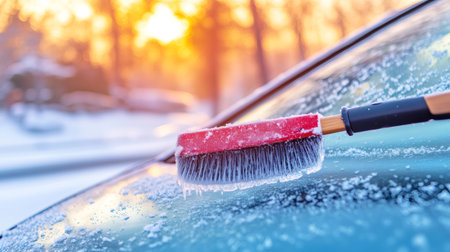 Removing ice from frozen car windshield at sunrise during winter seasonの素材