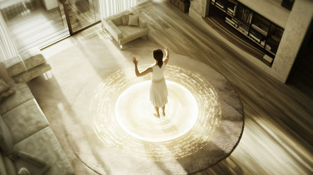 Woman standing on a futuristic interface in her living room, experiencing the future of home automationの素材