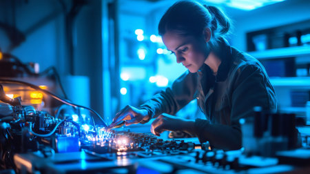 Computer engineer using soldering iron, repairing circuit board in futuristic neon light laboratoryの素材