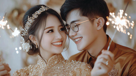 Happy couple celebrating wedding with sparkles, bride and groom smiling together on special dayの素材