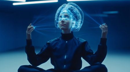 Woman meditating with a visible brain implant, showcasing glowing connections in a futuristic settingの素材