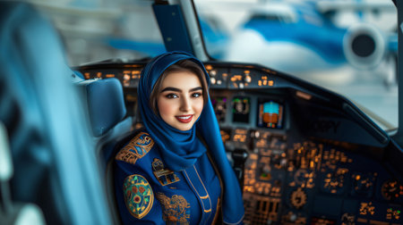 Confident female pilot wearing blue hijab sitting in cockpit of passenger airplaneの素材