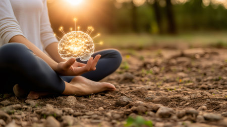 Woman practicing yoga and meditation outdoors with a visualized glowing brain resting on her handの素材