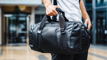 Athlete carries a gym bag after a workout, embodying a healthy, active lifestyleの素材