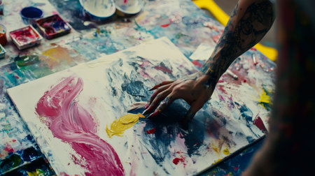 Painter creating colorful abstract artwork using fingers on canvas in art studioの素材