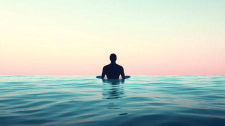 Silhouette of surfer meditating on surfboard in calm ocean at sunset, enjoying peaceful moment of mindfulnessの素材