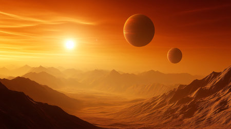 3d rendering of a red dwarf star shining over a mountainous planet surface with two moons in the skyの素材