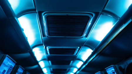 Airplane cabin interior at night, illuminated by blue light, focusing on the air conditioning system and entertainment screensの素材