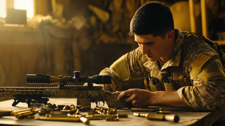 Us soldier meticulously cleaning and inspecting his rifle in a workshop, surrounded by bullets and illuminated by soft sunlightの素材