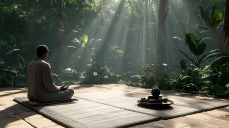Man meditating in a peaceful forest clearing, enjoying the sun rays and the surrounding natureの素材