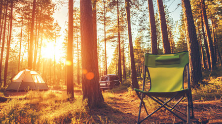 Green camping chair invitingly stands in the forest at sunset near a tent and a car, creating a peaceful and idyllic camping sceneの素材