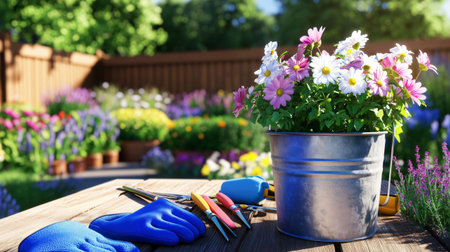 Metal bucket filled with blooming daisies sits on wooden table with gardening tools, showcasing summer gardening activitiesの素材