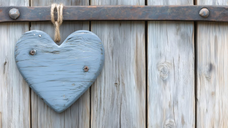 Light blue wooden heart hanging from a rusty metal hinge fixed with large headed nails on a gray wooden doorの素材