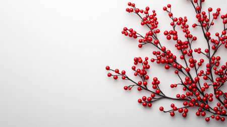 Christmas decoration with red berries branches on a white background creating a festive atmosphereの素材