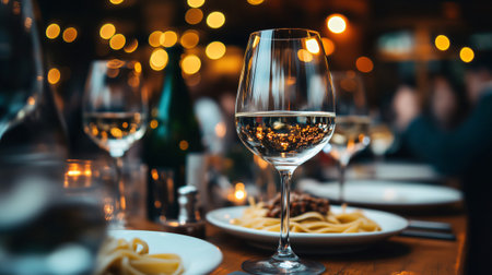 White wine glass reflecting warm lights during a festive dinner with plates of pasta and other glasses, creating a cozy atmosphereの素材
