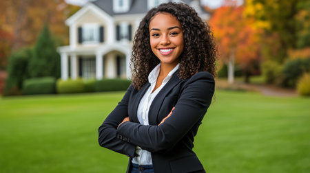Young professional realtor is smiling outside with her arms crossed in front of a houseの素材
