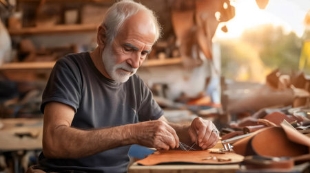 Senior craftsman meticulously stitching leather in a traditional workshop, bathed in warm sunlightの素材
