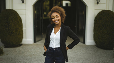 Businesswoman is standing in front of a building entrance with her hands in her pocketsの素材